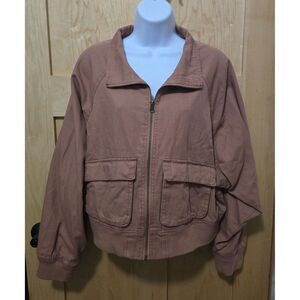 Brown Cotton Zip-Up Jacket With Pockets XXL W Casual Wear chore coat peasant